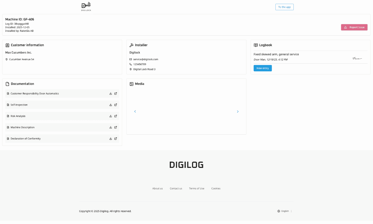 Den digitale logbog for en dør, med kundeoplysninger, installatør, dokumenter og logposter.